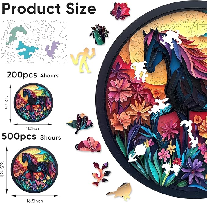 Ruikiyart Wooden Puzzles for Adults, 5MM 500 Pieces Black Horse Wooden Jigsaw Puzzles, Animal Unique Shaped Puzzle Gifts for Adults and Kids on Thanksgiving, Family Puzzle Games(16.5"*16.5")