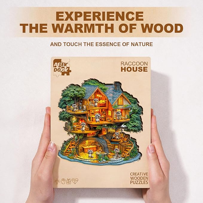 Wooden Puzzles for Adults - 200 Pieces Raccoon House Wood Puzzle - Unique Shapes Wooden Jigsaw Puzzles for Adults - Eco-Friendly Home Office Decor (11.4 * 11.2in)
