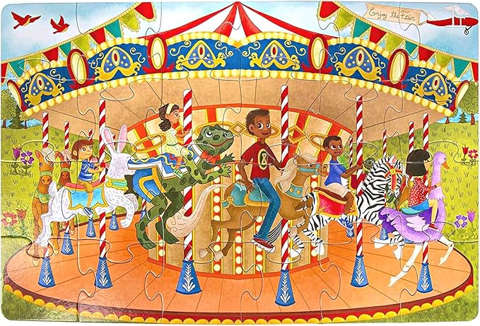 Joyful Carousel Animals Numbers and Colors - 24 Piece 2-Sided Beginnger Puzzle,Toddler Boy,Girl, Ages 3-5, Counting Activity with African American-Diverse Children at Play