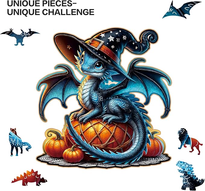 Dragon Wooden Puzzles for Adults,Pumpkin Witch Jigsaw Puzzles 200 Piece,Thanksgiving Birthday Gifts Family Game,Unique Shape Puzzle Challenge 11 x 11 Inch
