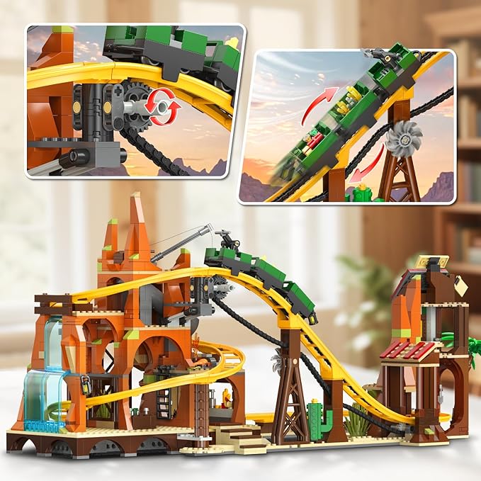 Western Roller Coaster Building Set, Rollercoaster Building Toy with Mine Train, Lifting Chain Drive, Carriage, 1270PCS Mining Coaster Model Playset Gift for Adults Teens Kids Boys Girls 10-12+