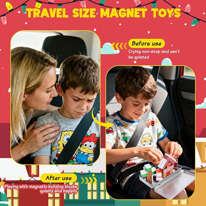 Magnetic Blocks Travel Toys Set - 35PCS Magnetic Cubes Magnet Tiles for Kids Ages 3+, Educational STME Christmas Tree ‌Sensory Game with Box - Christmas Birthday Gifts Boys and Girls