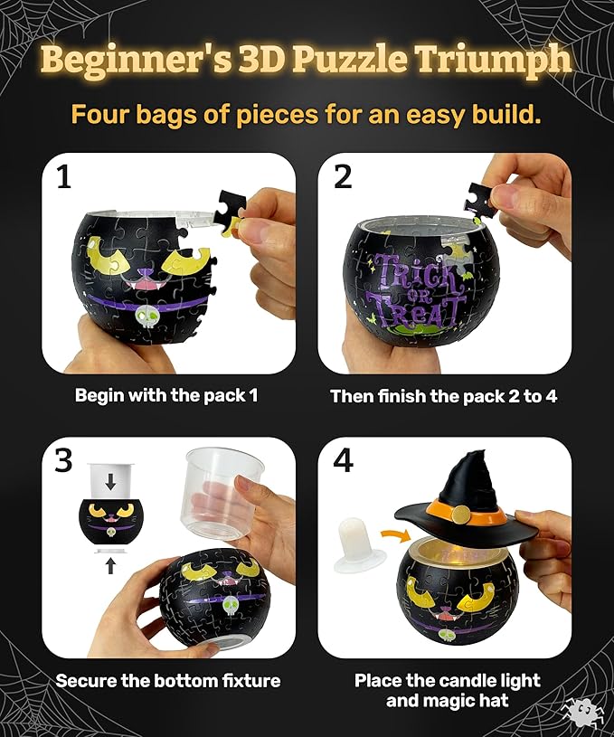 PieceRelax Halloween 3D Puzzle Candle Light 80 Pieces - LED Jack O’ Lantern - Rechargeable Plastic Pumpkins for Indoor & Outdoor Spooky Decorations, Magic Cat [KL1075]