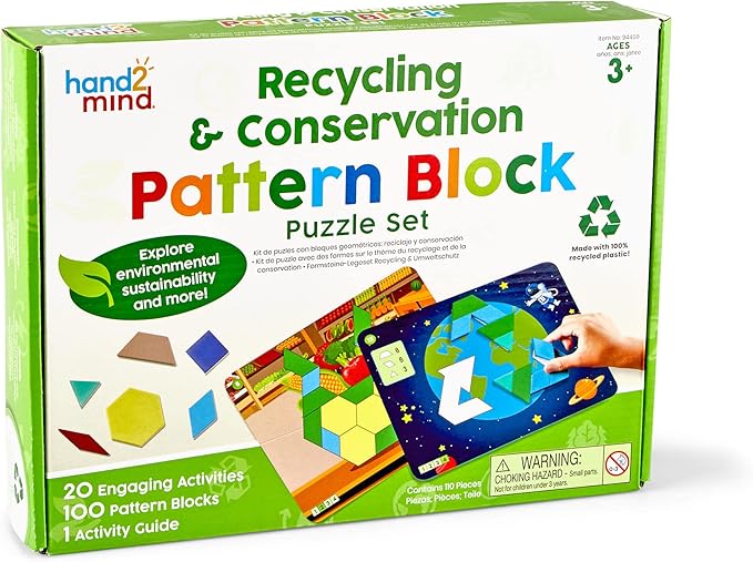 hand2mind Recycling and Conservation Pattern Block Puzzle Set, Tangram Puzzle, Geometric Shapes for Kids, Pattern Blocks Cards, Pattern Play, Toddler Battern Blocks, Kindergarten Learning Activities