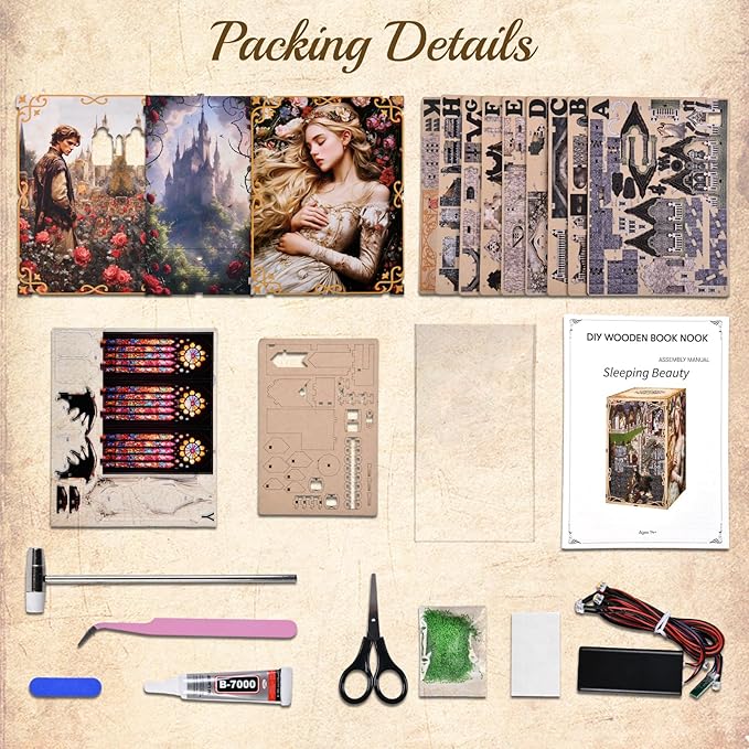 DIY Book Nook Kit for Adults, 3D Wooden Puzzle Bookend Bookshelf Insert Decor with LED Light and Dust Cover (Sleeping Beauty)