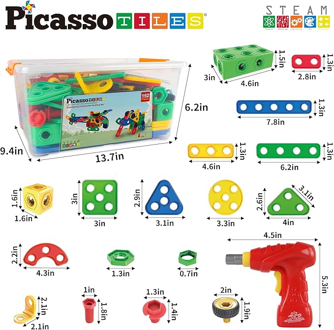 PicassoTiles 152pc STEM Construction Toy Building Set for Kids Ages 3+ Includes Power Drill, Ratchet, Idea Book, Storage Box Educational Engineering Science Kit & Sensory Toys for Boys & Girls PTN152