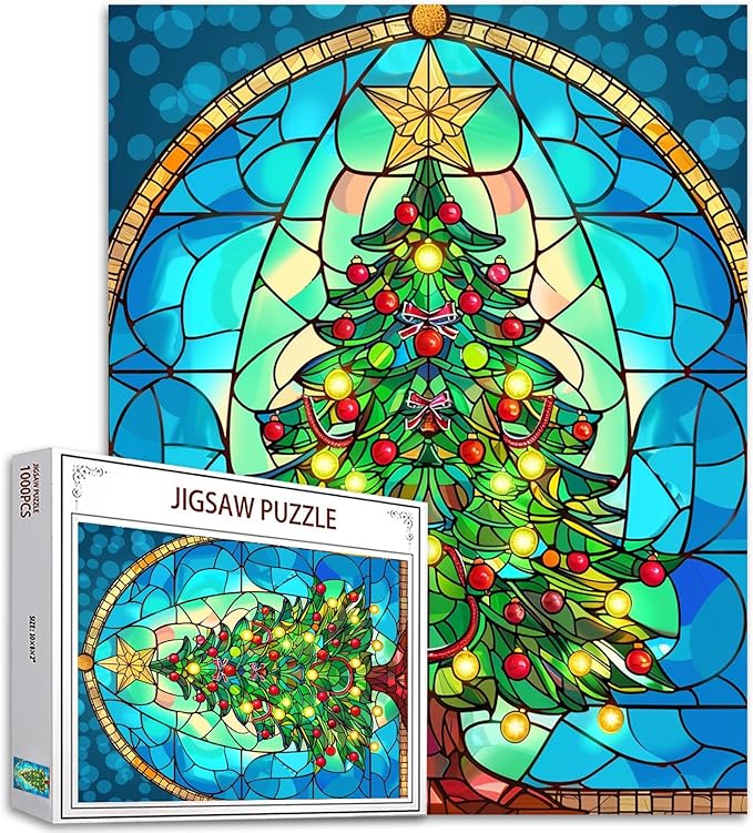 Stained Glass Style Xmas Tree Jigsaw Puzzles for Adults 1000 Pieces, Vibrant Christmas Tree Jigsaw Puzzle Art 27 x 20 Inches DIY Puzzles for Home Decoration, Family Puzzle for Game Nights