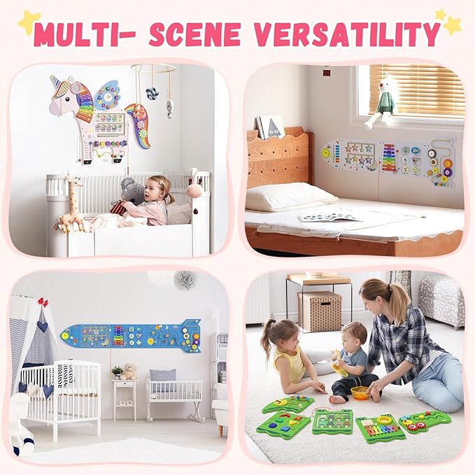 Unicorn Activity Wall Busy Board Panels - Sensory Wall Panel for Kids, Montessori Toddler Wall Activity Board, Wall Toys for Toddlers 3, Activity Cube, Perfect for Toddler Playroom, Pink