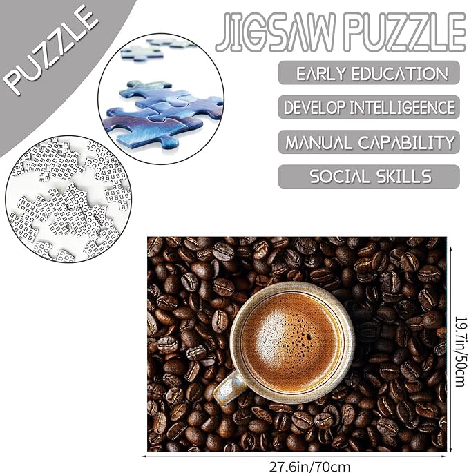 Tucocoo Espresso Coffee Mug Jigsaw Puzzles for Adults 1000 Pieces, Coffee Beans Background Art Jigsaw Puzzle Brown DIY Puzzles for Home Decoration Gifts, Family Puzzle Perfect for Game Nights