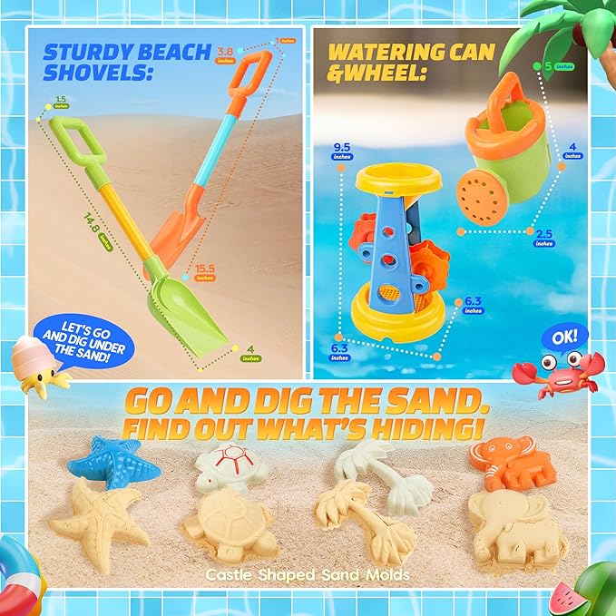 SMILESSKIDDO Beach Toys - Beach Dump Truck, Kids Sand Set with Sand Truck, Water Bucket, Shovel, Molds & Mesh Bag, 12Pcs Sandbox Toys for Toddlers 1-3, 4-8