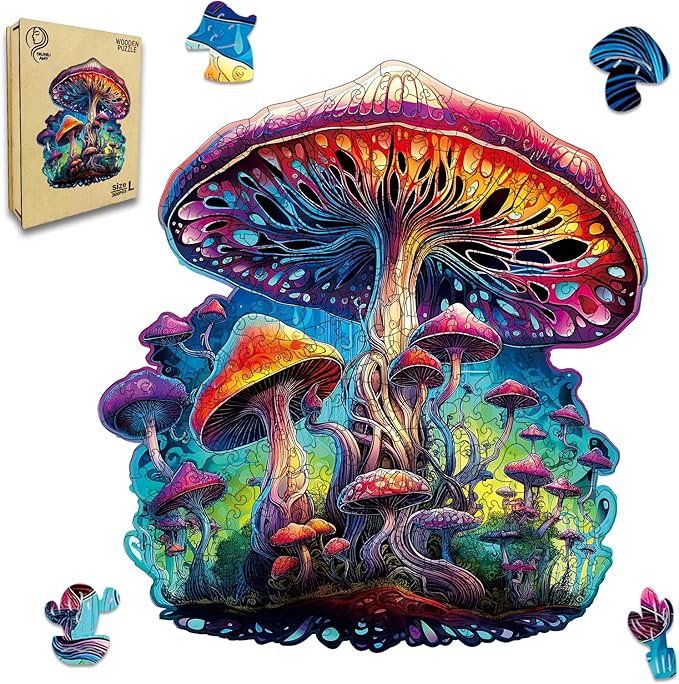 Wooden Jigsaw Puzzle for Adults,Magical Mushrooms Wood Puzzles 300 Piece,Thanksgiving Birthday Gifts Family Game,Unique Shape Puzzle Challenge 14.9 x 14.9 Inch