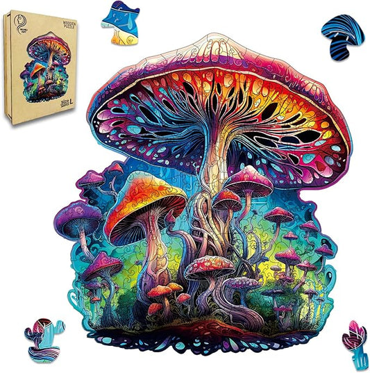 Wooden Jigsaw Puzzle for Adults,Magical Mushrooms Wood Puzzles 300 Piece,Thanksgiving Birthday Gifts Family Game,Unique Shape Puzzle Challenge 14.9 x 14.9 Inch