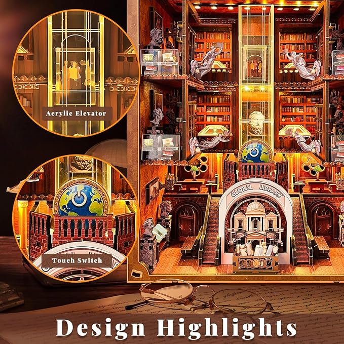 Book Nook Kit for Adults and Teens, 3D Puzzle Booknook Bookshelf Decor with LED Light, Dual Power Options (Battery/Type-C), Perfect Miniature Dollhouse Gift (Global Library)