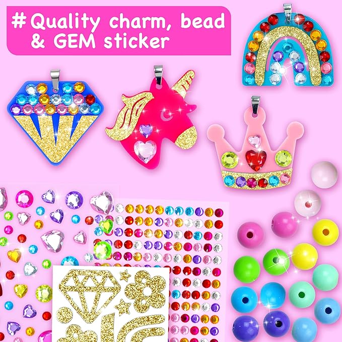 EZCRA Bracelet Making Kit for Kids 4-6 - 12 DIY Jewelry Craft Set with Beads, Gem Stickers and Charms for Girls Ages 5-8 - Easy DIY Bracelet Kit, Gift for Girls
