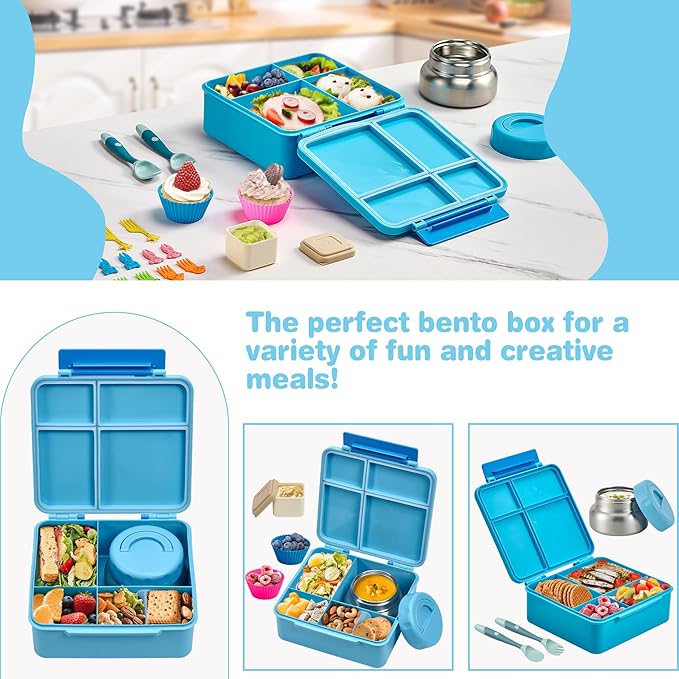Bento Lunch Box with 9.5 oz Soup Thermo, Kids Leakproof 4 Compartments Bento Box with Silicone Cupcake,Fruit Fork,Spoon and Sauce Cup,Insulated Food Jar for School Travel-Blue