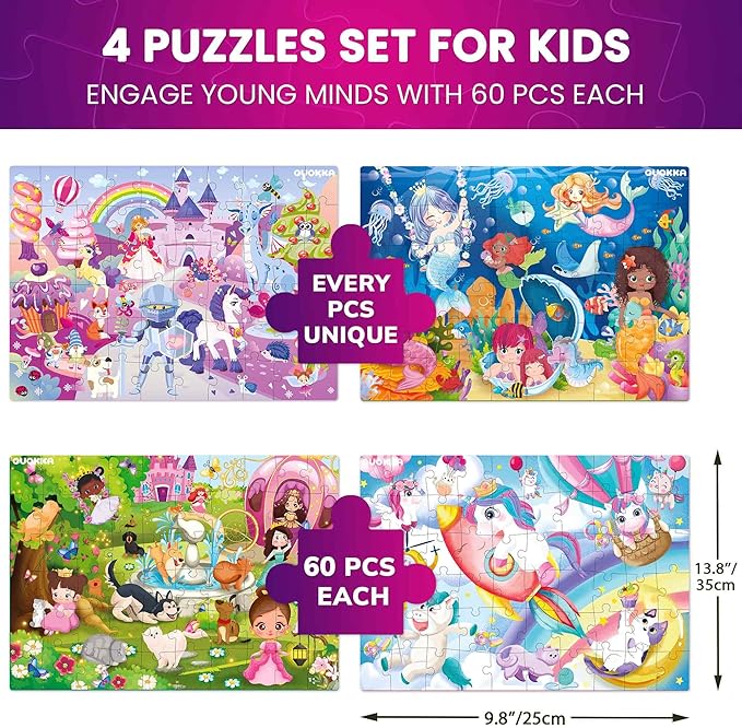 QUOKKA Puzzles for Kids Ages 4-6 - Set of 4x60 Jigsaw Puzzles for Toddlers 3-5 - Unicorn Princess Animals Toys for Children 6-8 yo - Gift Educational Game for Boys & Girls
