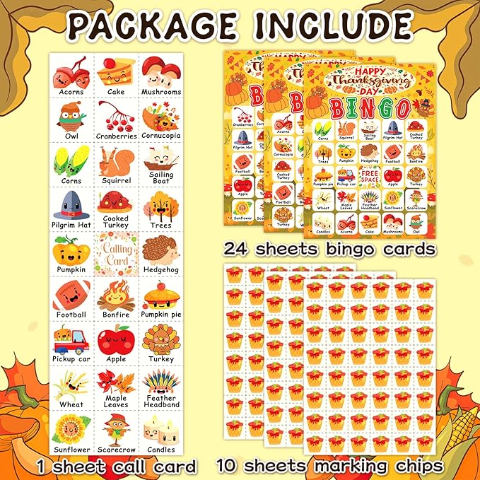 24 Players Thanksgiving Bingo Cards, Thanksgiving Bingo Game for Kids with Punny Stickers Fall Festival Bingo Sets Classroom Family Party Game Holiday Activities