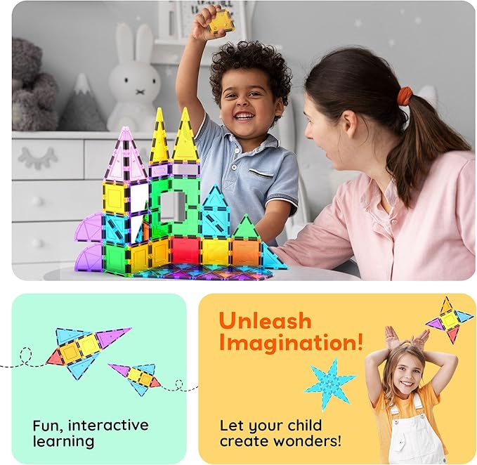 PicassoTiles Magnetic Tiles 152pcs Mirror Theme Magnet Tile Building Blocks STEM Sensory Toys with Car for Kids Toddlers Boys Girls Age 3+ Educational Learning Construction Play Set PT152