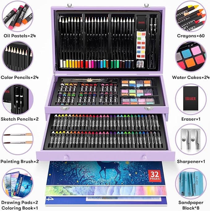 Stocking Stuffers for Kids Teens Adults, Birthday Party Art Supplies, Christmas Gifts for Teenagers, 150-Pack Wooden Art Set Crafts Drawing Painting Kit with 1 Coloring Book, 2 Sketch Pads