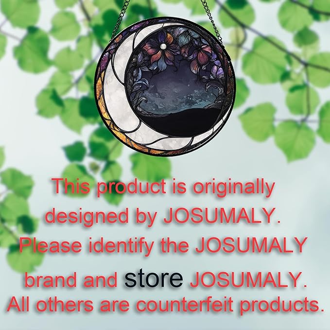 Stained Glass Window Hanging - Black and White Moon Sun Catcher for Door Terrace Garden Home Decor, Abstract Plant Flower Suncatcher Birthday Gifts for Lovers Women Men Dad Mom Nana 11.8 in