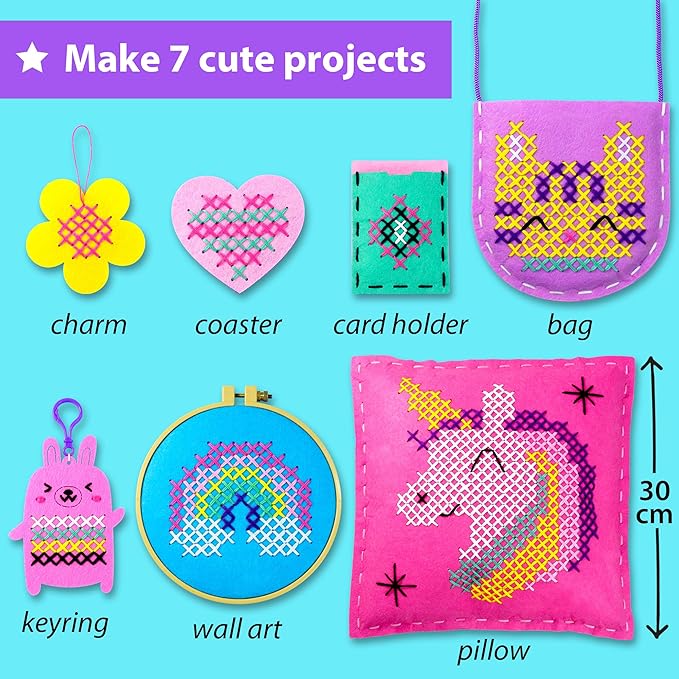 KRAFUN Beginner My First Cross Stitch Kit for Kids Arts & Crafts, 6 Easy Projects of Felt Keyring, Bag, Pillow Craft, Instructions, Gift for Girls and Boys, Learn DIY Crafting, Embroidery