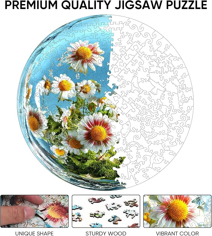 Wooden Puzzles for Adults 500 Pieces, Water Drop Daisy Jigsaw Puzzles, Unique Design Adult Puzzles for Family Brain Game Gift, 16.5x16.5 inch
