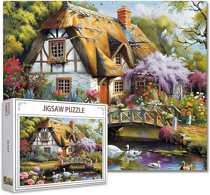 Forest Cabin Jigsaw Puzzle，Cute House Scenery 1000 Pieces Jigsaw Puzzles for Adults，27 x 20 Inches Puzzles ，HD Quality Goose Flowers Trees Wall Puzzle Gift，Family Activity Perfect for Game Night