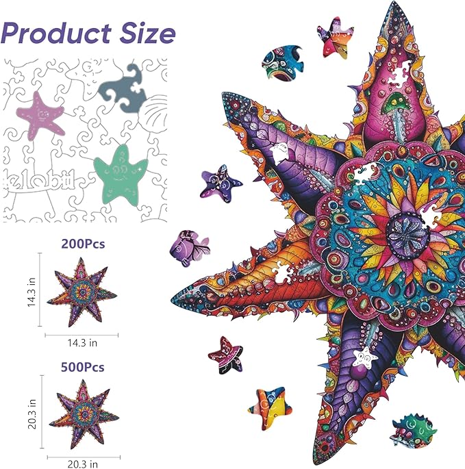Starfish Wooden Puzzles 200 Pieces, Ocean Puzzles for Adults, Unique Shape Animal Adult Puzzles, Irregular Wooden Best Gift for Adults Family Game (14.3x14.3 in)