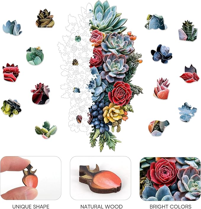 Succulent Waterfall Jigsaw Puzzles, 200Pieces Wooden Puzzles for Adult, Unique Design Liberty Wooden Puzzles for Adults and Kids, Family Game Gifts, 8.3 * 14.6in