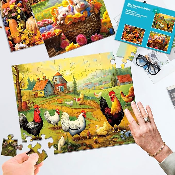 48 Large Piece Puzzles for Seniors, 3 Pack Dementia Puzzles for Elderly, Alzheimer's Jigsaw Puzzles for Seniors with Dementia, Easy Puzzles Activities for People with Dementia