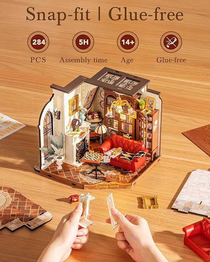 Rolife DIY Miniature House Kit Victorian Parlor 1:18 Scale Dollhouse Diorama, Tiny House Building Kit Antique Bookshelf Display Crafts for Adults Gift for Boys Girls (Catherine's Living Room)