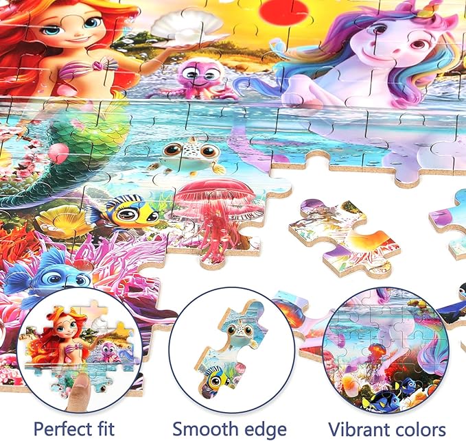 Mermaid Unicorn Puzzles for Kids Ages 4-8, 100 Pieces Jigsaw Puzzles for Kids Ages 3-5 Puzzle for Girls and Boys Learning Educational Puzzles Toys in a Metal Box
