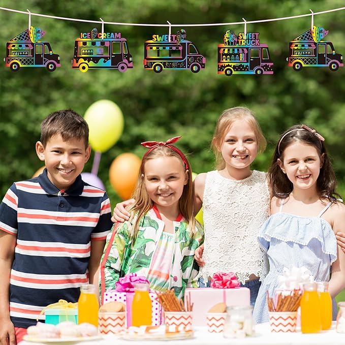 CY2SIDE Ice-Cream Truck Scratch Cards - 60PCS Summer Ice Cream Cart Scratch Craft Paper Ornament Gift Set for Kid, Dessert Truck Magic Rainbow Color Craft Kit for Kid Birthday Party School Activity