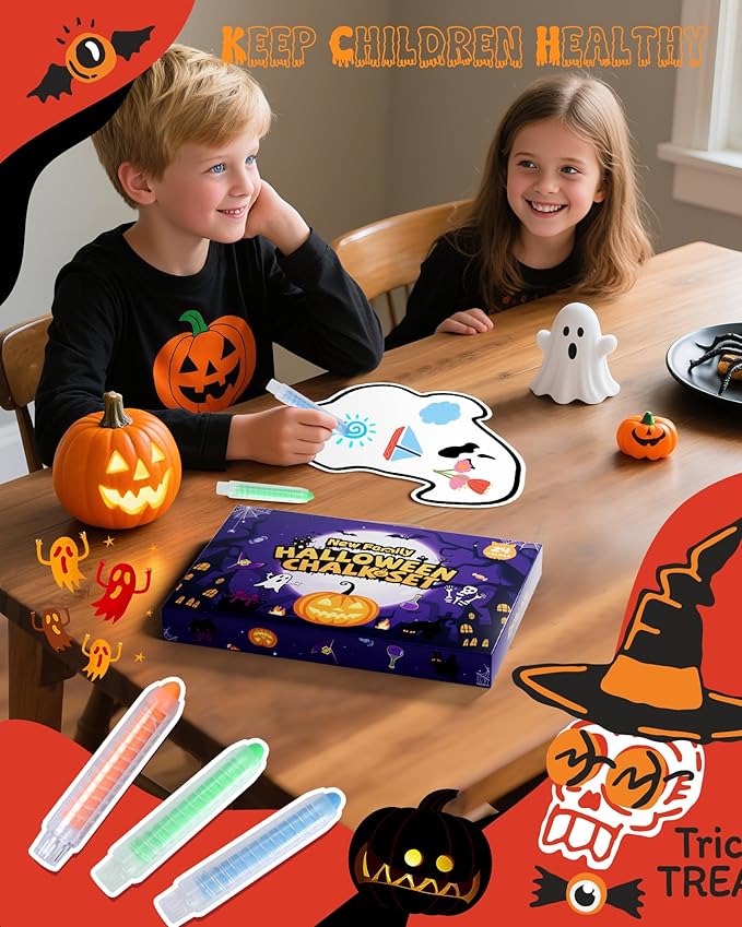 NewFamily Halloween Dustless Chalk Set - 24 Colors, Non-Toxic Washable Chalk with Spooky-Themed Magnetic Drawing Boards, Festive Gift for Kids & Toddlers