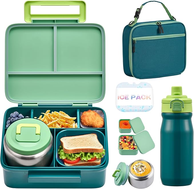 MAISON HUIS Kids Bento Box Set - Includes 8oz Soup Thermo, Insulated Lunch Bag & 17oz Stainless Steel Water Bottle, 5-Compartment Bento Box with Built-In Ice Pack, Leak-Proof & BPA-Free(Green)