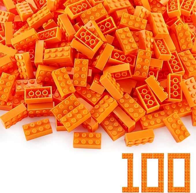 Feleph 100pcs 2x4 Bricks Orange Pieces Parts Building Kits Creative Play Set Basic Blocks Toy Accessories Compatible with 3001 Major Brands