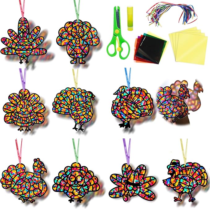 EggSun 36 Sets Fall Turkey Suncatchers Craft Kit for Kids Ornaments Stained Glass Window Arts and Crafts Kit for Thanksgiving Classroom Holiday Projects Home Party Favors Decorations Ages 4 8 12