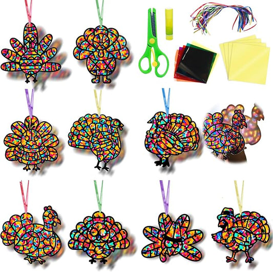 EggSun 36 Sets Fall Turkey Suncatchers Craft Kit for Kids Ornaments Stained Glass Window Arts and Crafts Kit for Thanksgiving Classroom Holiday Projects Home Party Favors Decorations Ages 4 8 12
