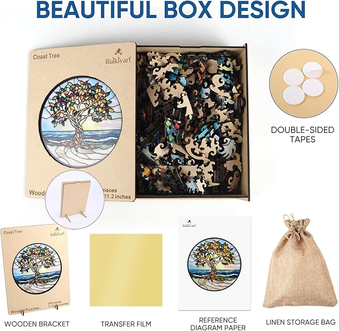 Ruikiyart Wooden Puzzles for Adults, 5MM 500 Pieces Coast Tree Wooden Jigsaw Puzzles, Tree of Life Puzzle Unique Shaped for Adults and Kids on Birthday, Christmas Family Puzzle Games (16.5"*16.5")