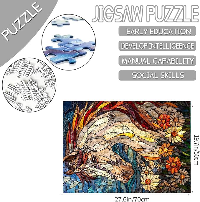 Tucocoo Jigsaw Puzzles 1000 Pieces for Adults-Horse Glass Style Seaside Puzzle-Challenging Puzzle Perfect for Game Nights-DIY Home Wall Decor-Art Puzzles Stained Glass Farmhouse Horse 27" x 20"