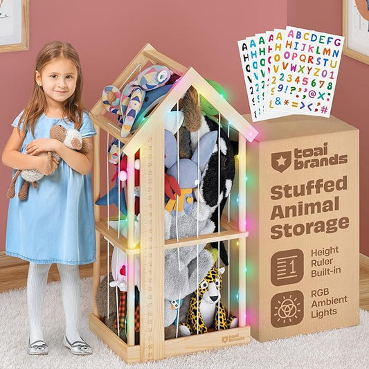 Stuffed Animal Zoo Storage Cage | Wooden Plush Tower Storage | Durable Plush Toy Stuffie Holder | Vertical Jail Organizer with Height Ruler, Stickers & RGB Light (Small)