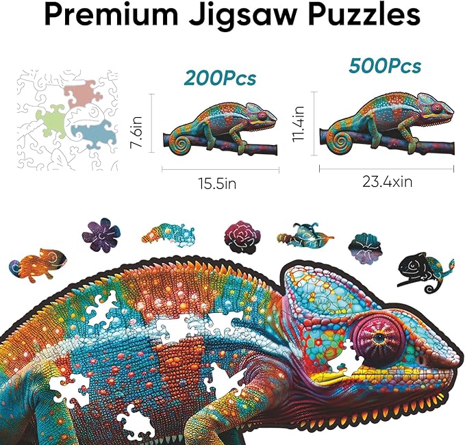 delobil Wooden Puzzles for Adults, Chameleon Jigsaw Puzzles 200 Piece, Unique Shape Puzzles for Adults and Kids, Fun Challenging Puzzles Family Game Gift, Medium Size 15.6 x 7.6 Inches