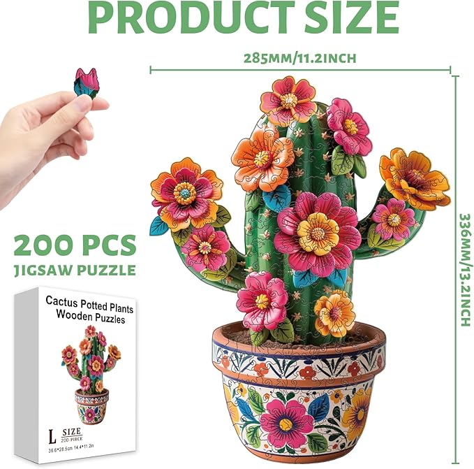 Cactus Wooden Puzzles Adults, 200 Piece Puzzles Vase for Adults Cactus Jigsaw Puzzle Art Unique Shape Puzzle Gift Fun Challenge Family Game Home Decor