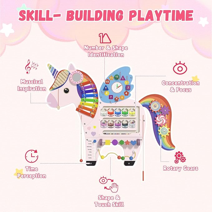 Unicorn Activity Wall Busy Board Panels - Sensory Wall Panel for Kids, Montessori Toddler Wall Activity Board, Wall Toys for Toddlers 3, Activity Cube, Perfect for Toddler Playroom, Pink