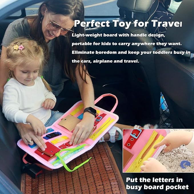 Esjay Toddler Busy Board, Montessori Toys to Learn Fine Motor Skill, Educational Sensory Board for 3+ Year Old, Toddler Activities for Travel Airplane Car,Green Alphabet