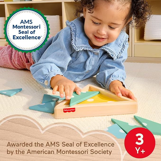 Fisher-Price Wood Montessori Toy Triangle Puzzle, American Montessori Society Seal of Excellence, 10-Piece Wooden Learning Activity & Expert Play Tips for Kids Ages 3+ Years (Amazon Exclusive)