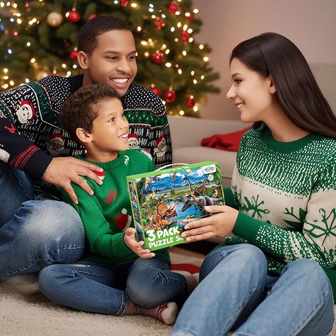 BenBen Puzzles for Kids Ages 4-6, 3 Pack 100 Pieces Large Puzzles for Toddlers 3-5 (Dinosaurs, Outer Space, Ocean Life), Learning & Educational Games for Kids 6-8, 19.75” x 13.75”