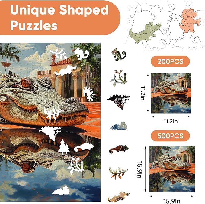 delobil Wooden Puzzles for Adults, Outdoor Alligator Jigsaw Puzzles 500 Pieces, 15.9x15.9in, Unique Shaped Cool Reptile Animal Wood Adult Puzzle, Best Gifts for Adults and Kids Family Game
