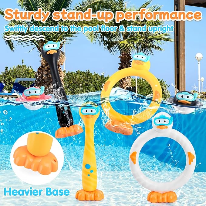 Pool Diving Toys for Kids, 9 PCS Swimming Pool Diving Rings, Summer Duck Dive Sticks with Duck Float Toys for Kids 4-8 8-12, Fun Outdoor Underwater Pool Games for Teens