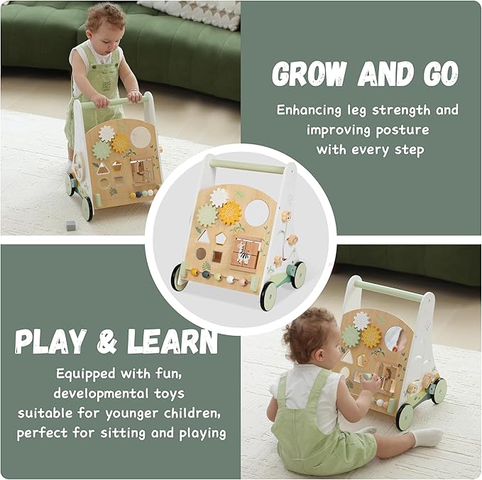 Wooden Baby Push Walker Adjustable Speed Montessori Walker with Activity Center for Boys, Girls and Toddler Toy for Ages 1-3
